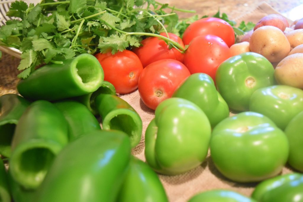 Tomatillos, Roma Tomatoes, Jalapeños, New Potatoes and Cilantro