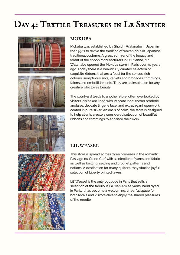 Daily Itinerary for the Bernina Meet Me In Paris Textile Tour